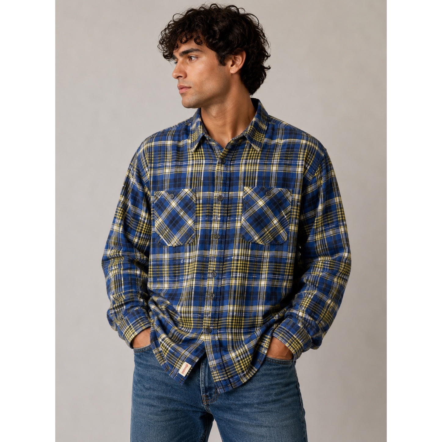 Levis Mens Xxl Blue Yellow Plaid Long Sleeve Button Down Shirt Dual Pocket |J1